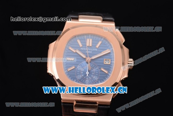 Patek Philippe Nautilus Clone PP 315 Automatic Rose Gold Case with Blue Dial Stick/Arabic Numeral Markers and Black Leather Strap (BP) - Click Image to Close